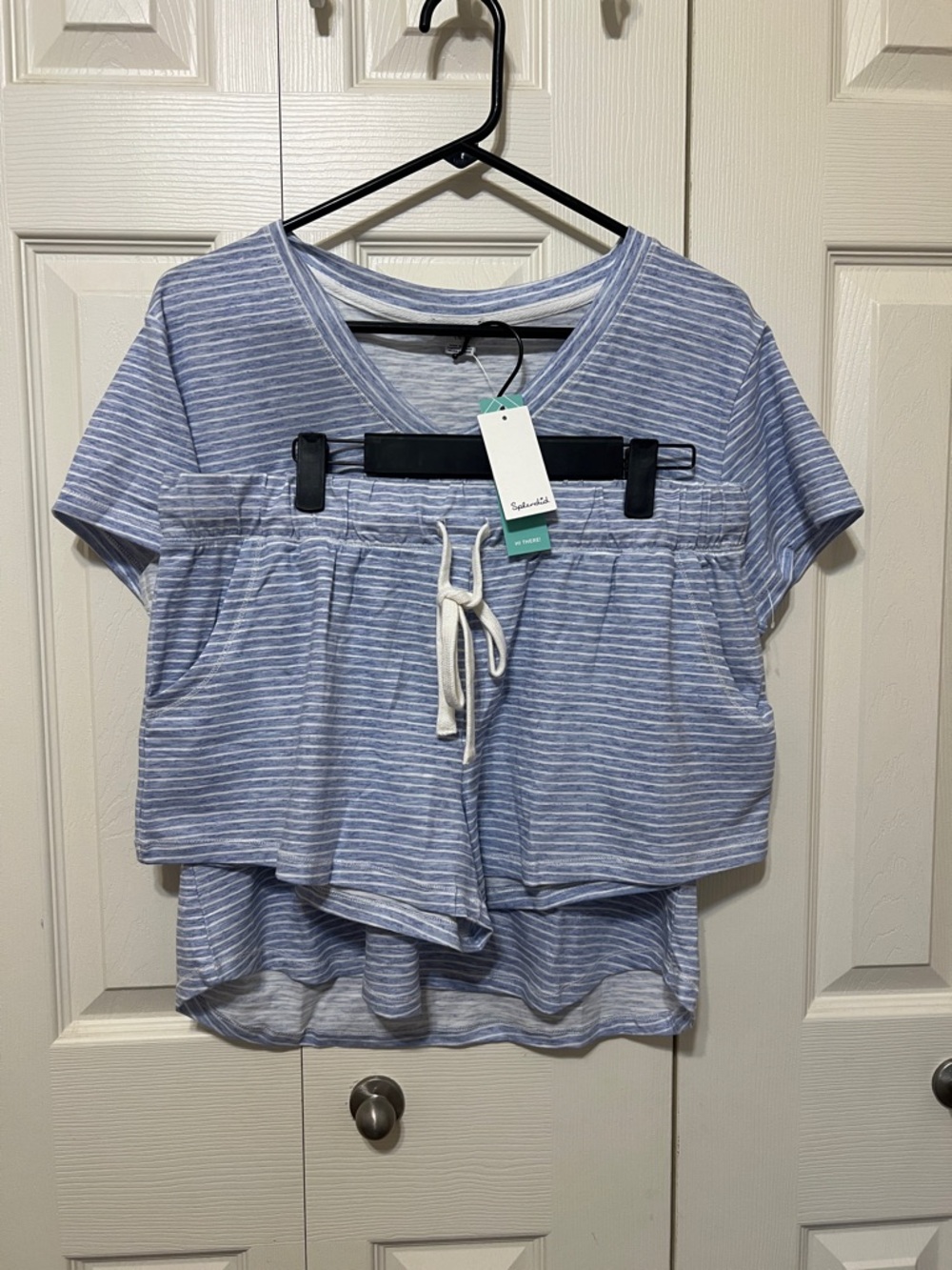 Splendid Light Blue and White Striped V-Neck Pocket Top and shorts sleep set